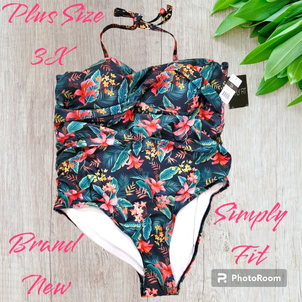 Simply Fit Plus-Size Halter Strap Bathing Suit, Tropical Floral Print